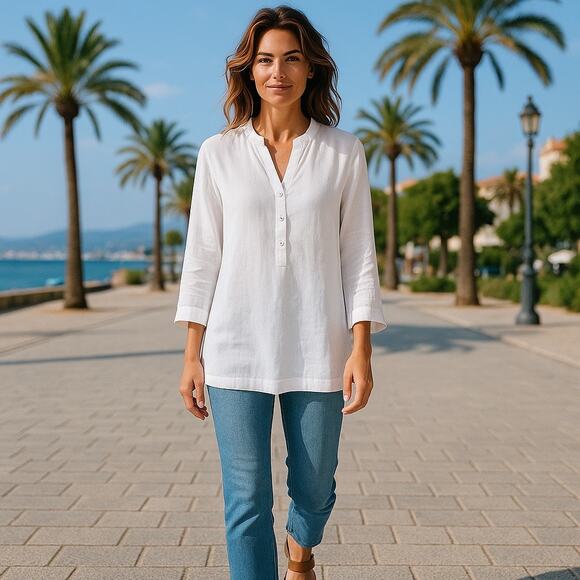 Saks Fifth Avenue White Linen V Neck Boxy Tunic Blouse Medium - Picture 10 of 10